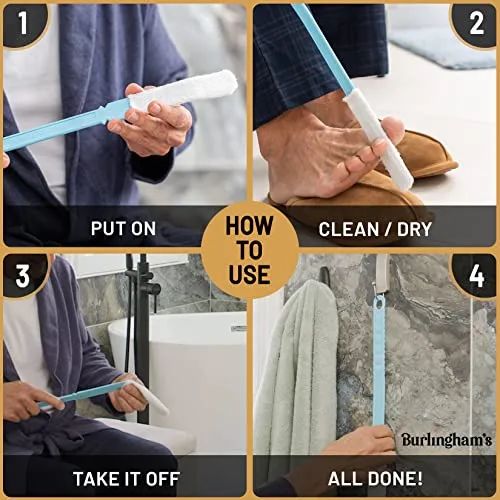 Burlingham's Toe and Foot Towel Brush with Reusable Drying Covers Long 17” Handle for Cleaning Between Toes, Soft Skin Exfoliation,for Seniors, Adults, or Kids, 3 Washable Cloth