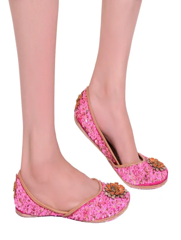 Delicate Floral - Pink Sequins Embellished Silk Juttis