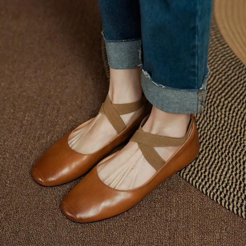 Handmade Leather Mary Jane Flats with Cross-strap Detail in Brown/Black