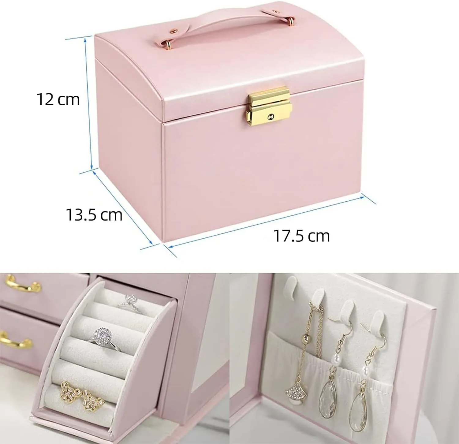 Jewelry Organizer Box Large-capacity Storage 3 Layer with Mirror and Lockable for Her Earrings Rings Bracelet Necklaces Girl and Woman Anniversary Mother's Day Valentines Gifts, TOJUNE (Pink)
