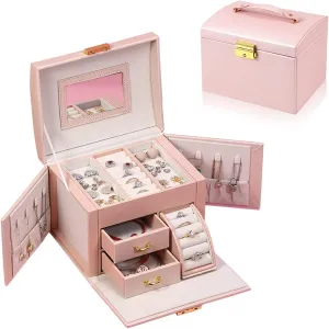 Jewelry Organizer Box Large-capacity Storage 3 Layer with Mirror and Lockable for Her Earrings Rings Bracelet Necklaces Girl and Woman Anniversary Mother's Day Valentines Gifts, TOJUNE (Pink)
