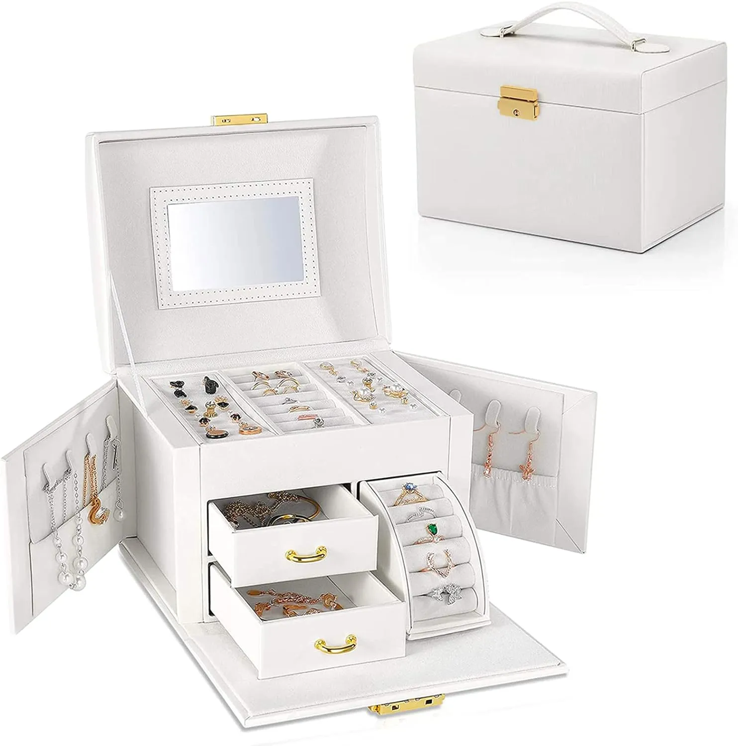 Jewelry Organizer Box Large-capacity Storage 3 Layer with Mirror and Lockable for Her Earrings Rings Bracelet Necklaces Girl and Woman Anniversary Mother's Day Valentines Gifts, TOJUNE (Pink)
