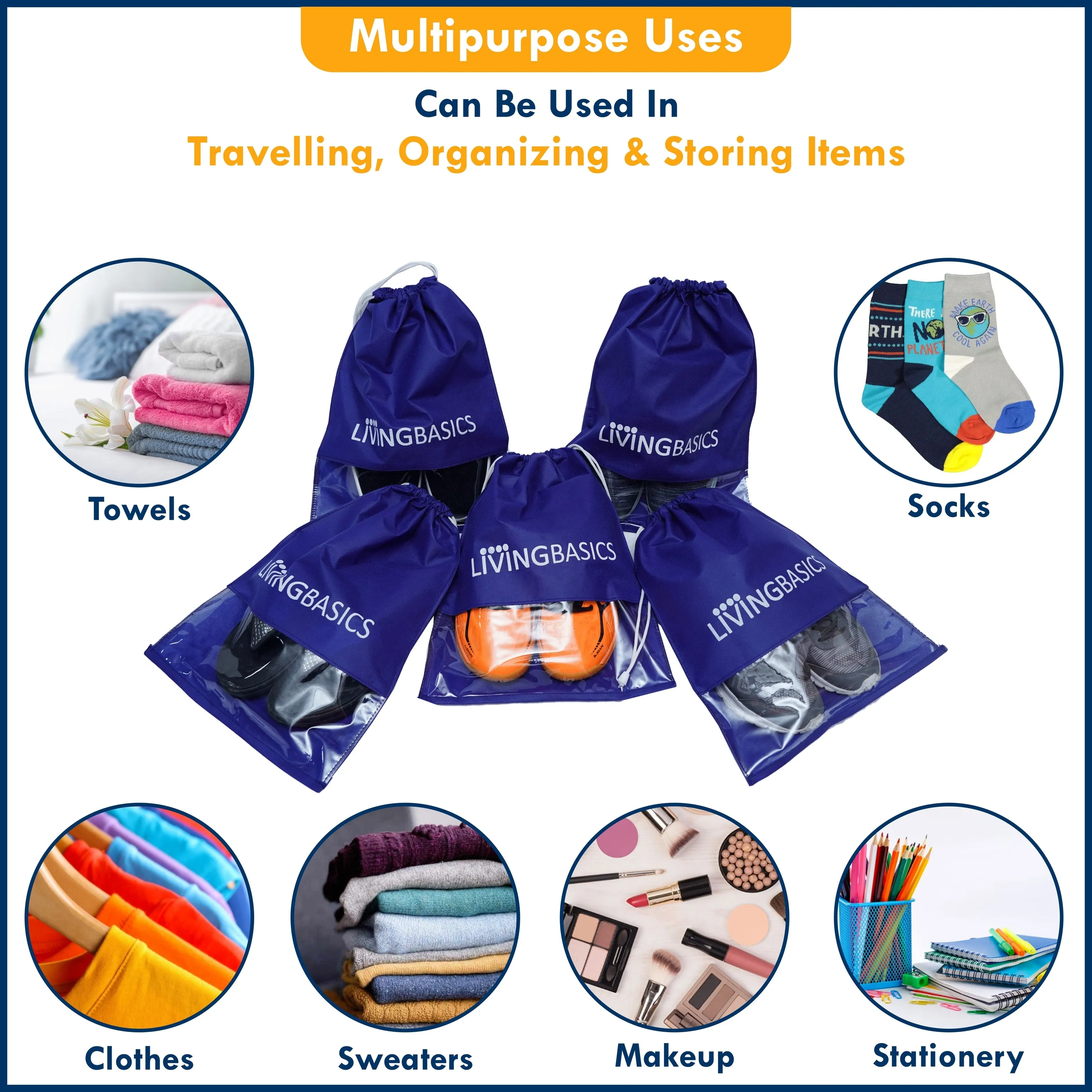 LIVINGBASICS Multi-USE Shoe Cover Bags (Non Woven- Navy Blue, 6 Pieces)