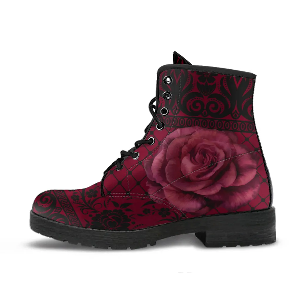 Maroon Combat Boots - Gothic Lace Print #110 Roses | Custom Shoes, Women's Boots, Vegan Leather Shoes, Hippie Boots, 90s Boots, Boho Shoes