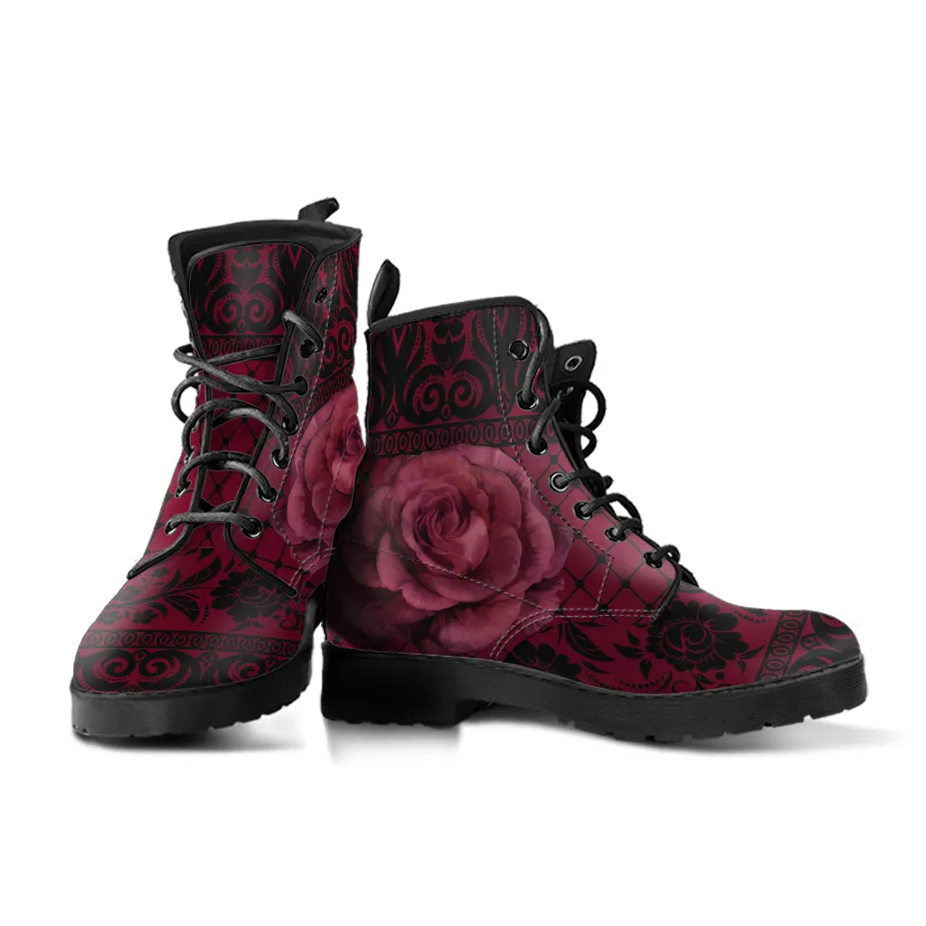 Maroon Combat Boots - Gothic Lace Print #110 Roses | Custom Shoes, Women's Boots, Vegan Leather Shoes, Hippie Boots, 90s Boots, Boho Shoes