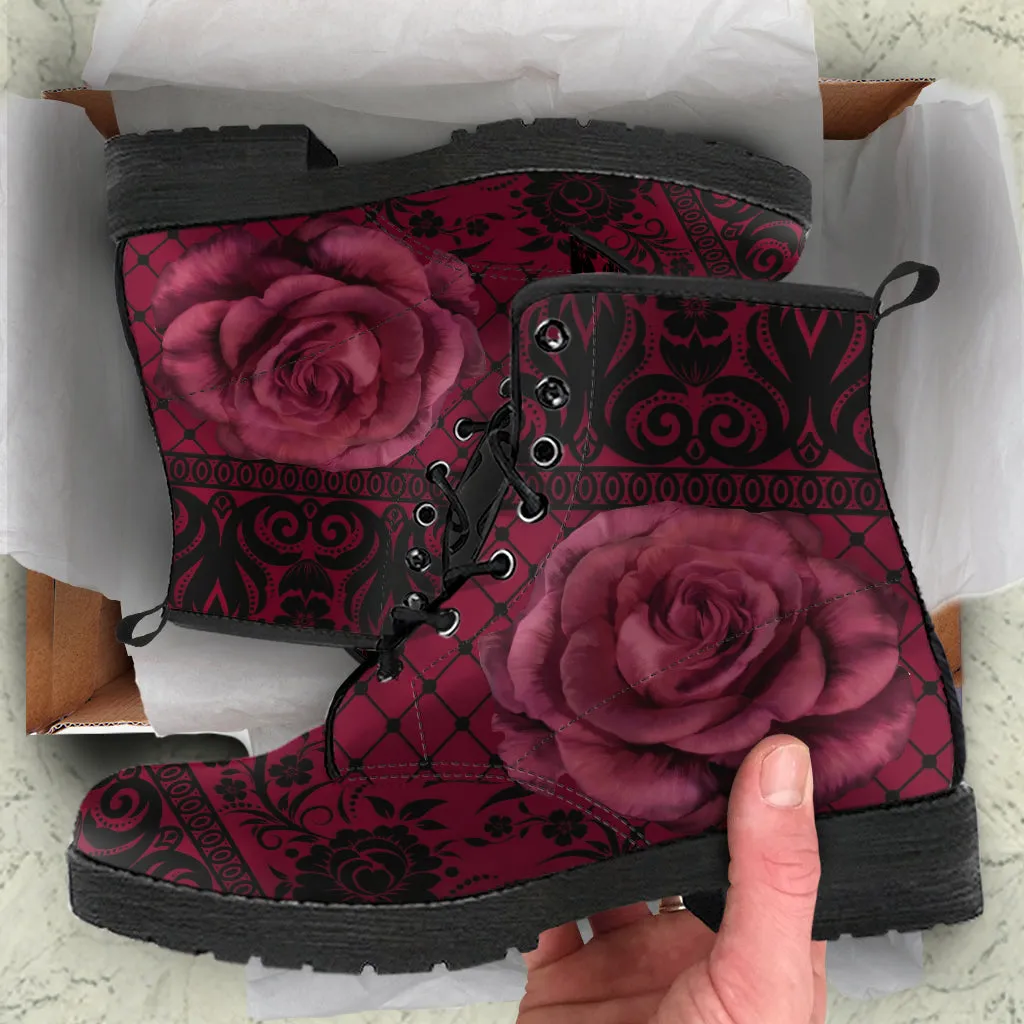 Maroon Combat Boots - Gothic Lace Print #110 Roses | Custom Shoes, Women's Boots, Vegan Leather Shoes, Hippie Boots, 90s Boots, Boho Shoes