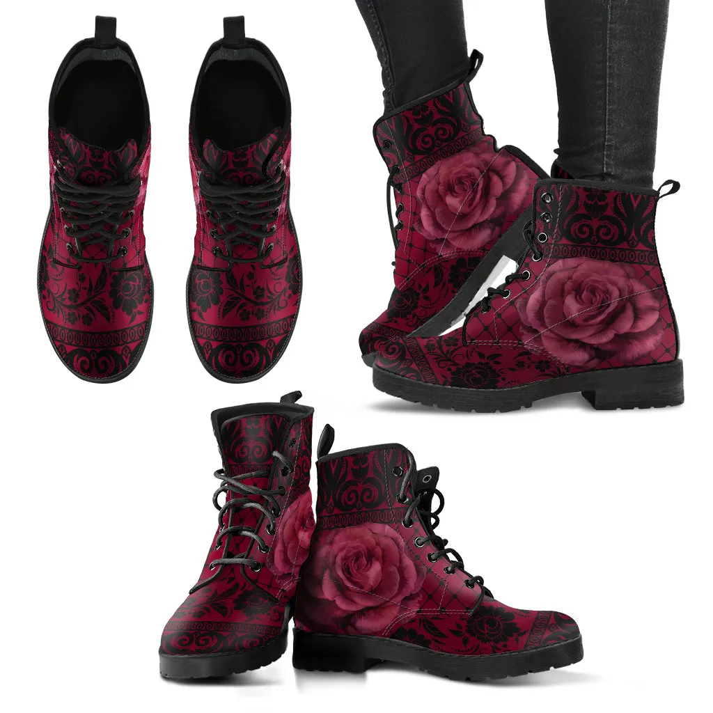 Maroon Combat Boots - Gothic Lace Print #110 Roses | Custom Shoes, Women's Boots, Vegan Leather Shoes, Hippie Boots, 90s Boots, Boho Shoes