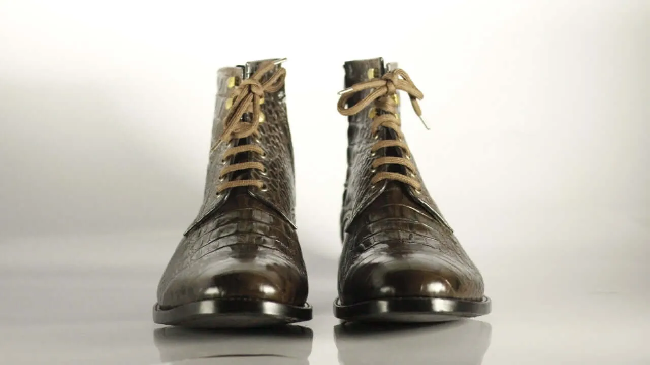 New Handmade Men's Brown Alligator Textured Leather Lace Up & Side Zipper Boots, Men Ankle Boots, Men Fashion Boots