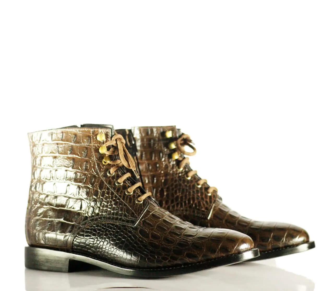 New Handmade Men's Brown Alligator Textured Leather Lace Up & Side Zipper Boots, Men Ankle Boots, Men Fashion Boots