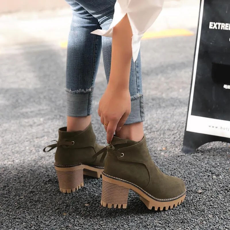 Platform Suede Lace Up Chunky Heel Ankle Boots