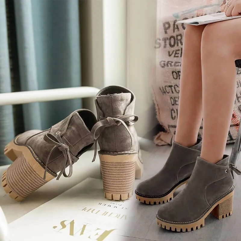 Platform Suede Lace Up Chunky Heel Ankle Boots