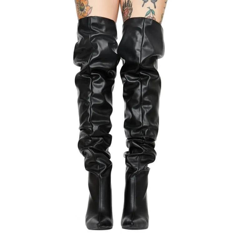 PU Black Fold High Heel Over Knee Boots