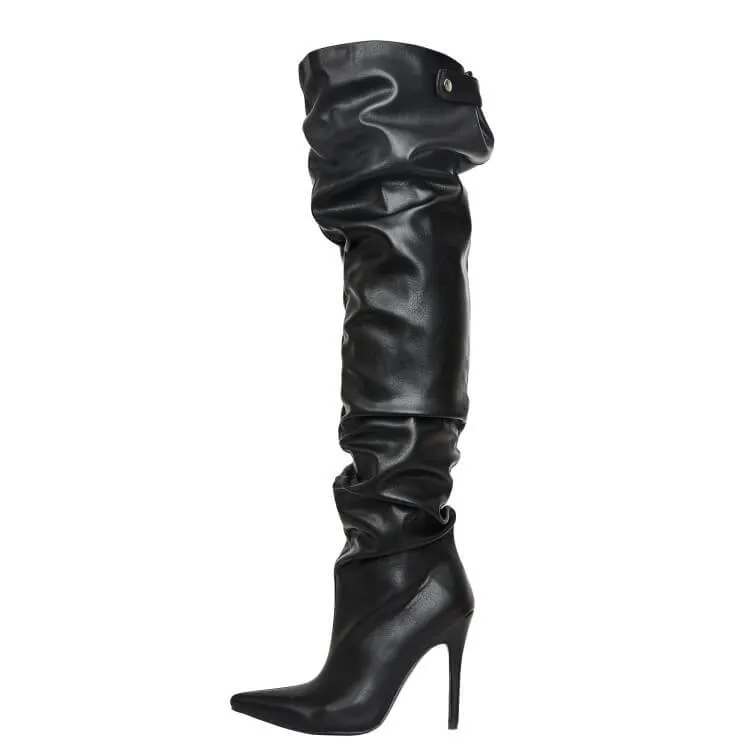 PU Black Fold High Heel Over Knee Boots