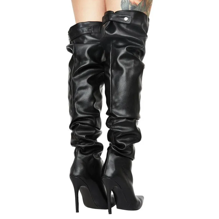 PU Black Fold High Heel Over Knee Boots