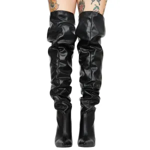 PU Black Fold High Heel Over Knee Boots