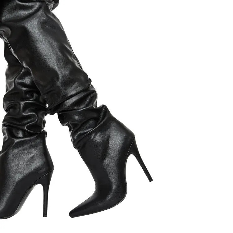 PU Black Fold High Heel Over Knee Boots