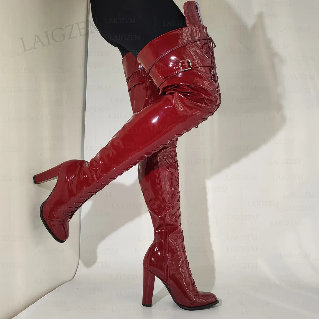 Thigh High Boots Full Zip Thick Heels