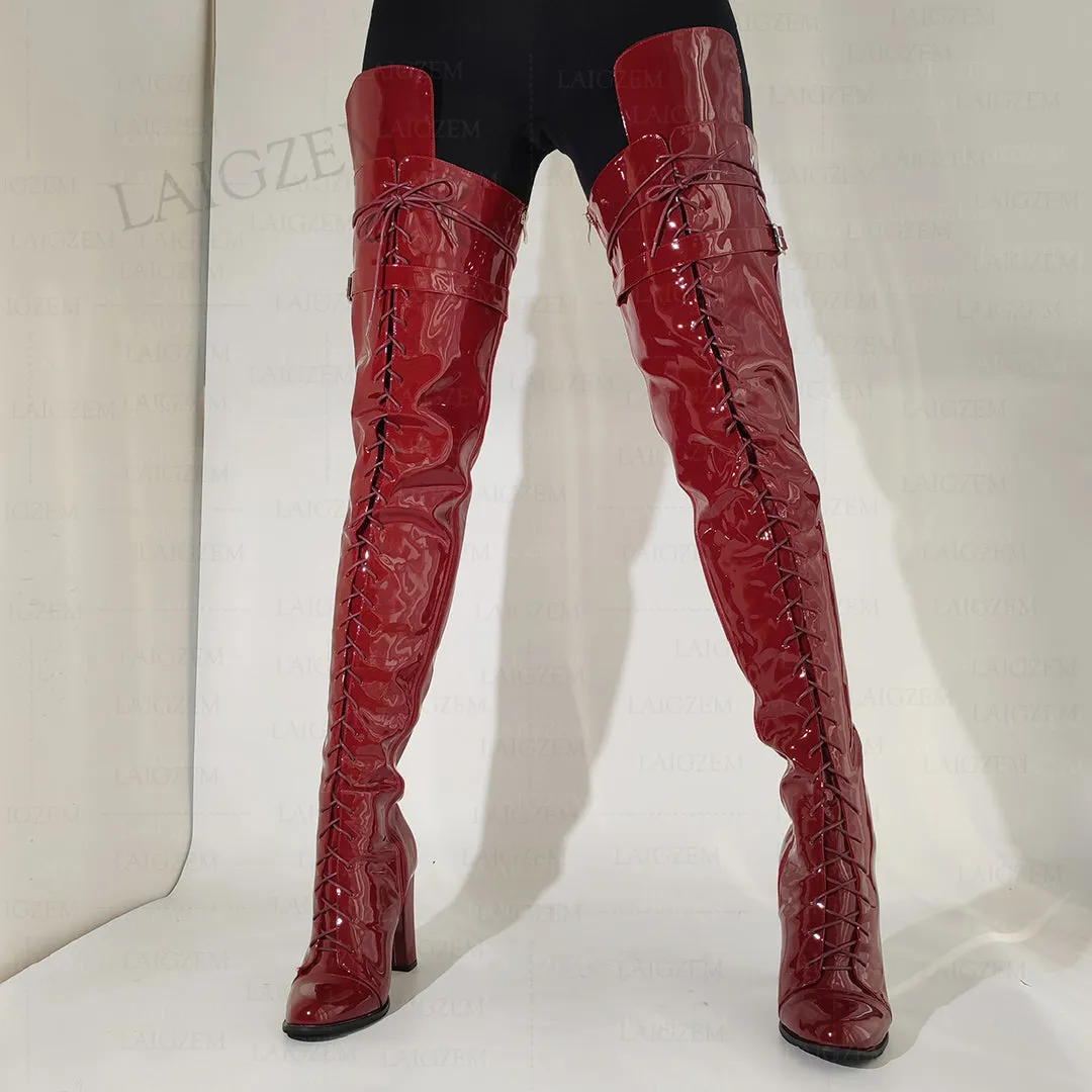 Thigh High Boots Full Zip Thick Heels