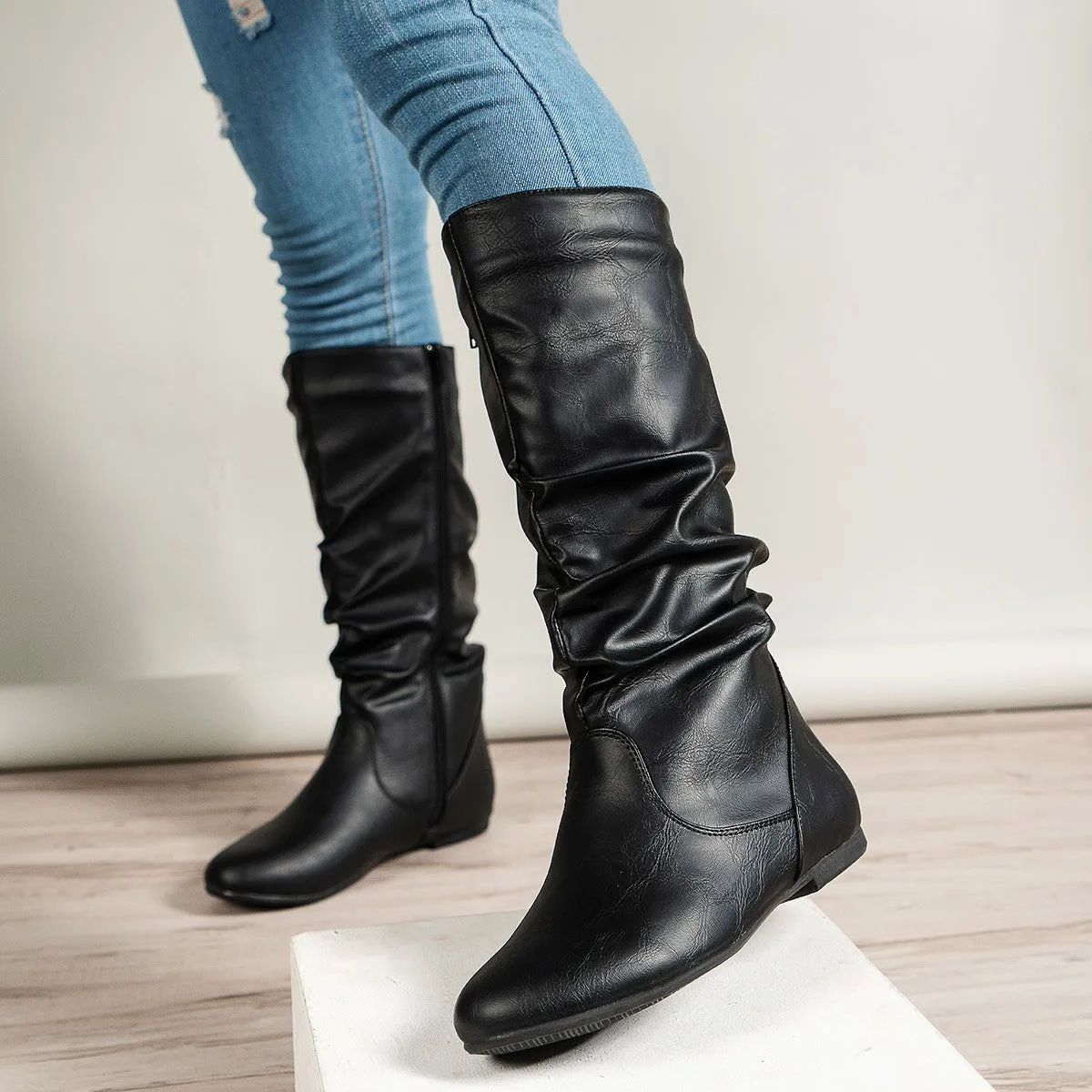 Women mid calf boots flat side zipper slouch boots