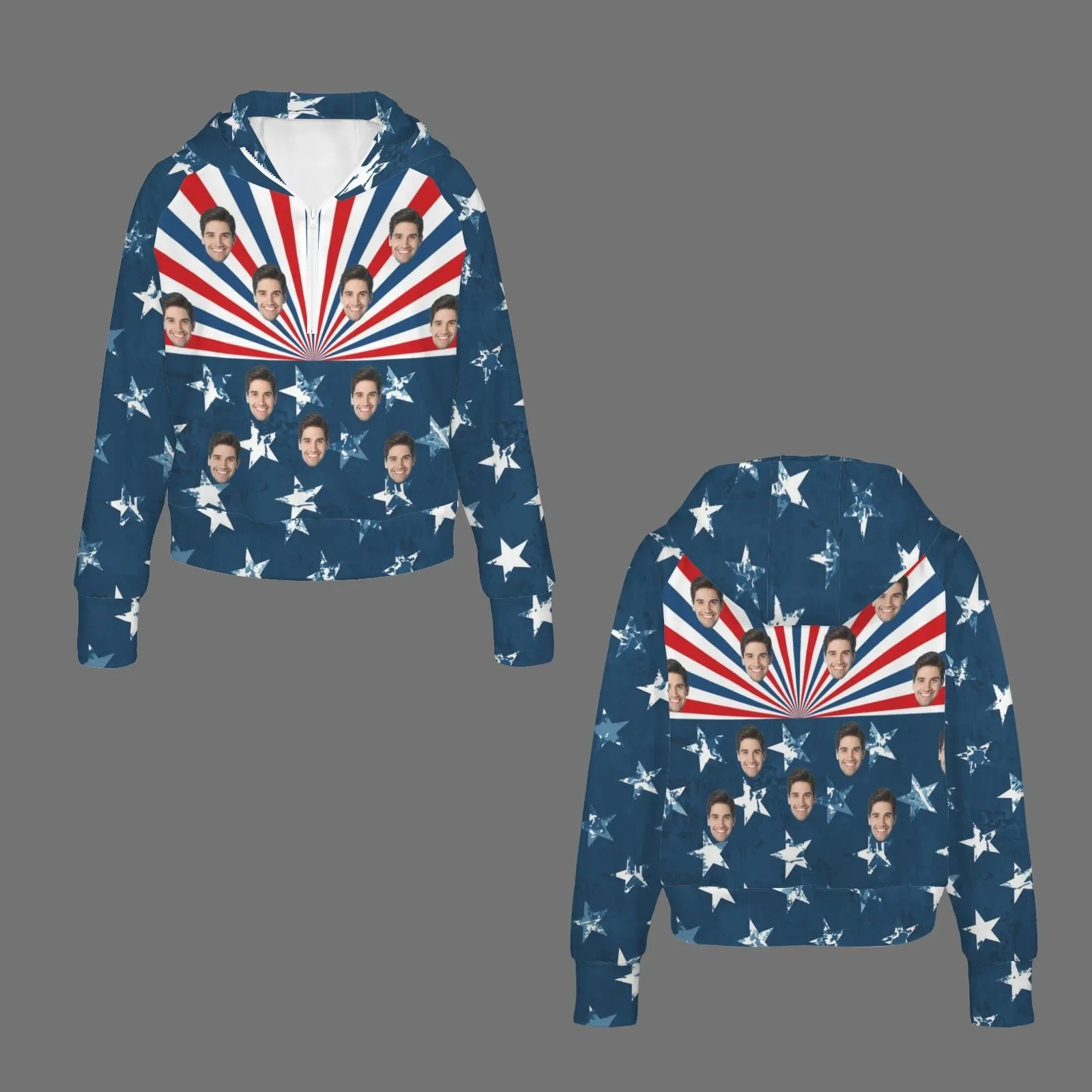 Women's Half Zip Cropped Hoodies Custom Face American Flag Fleece Athletic Pullover Hoodies with Pockets Thumb Hole