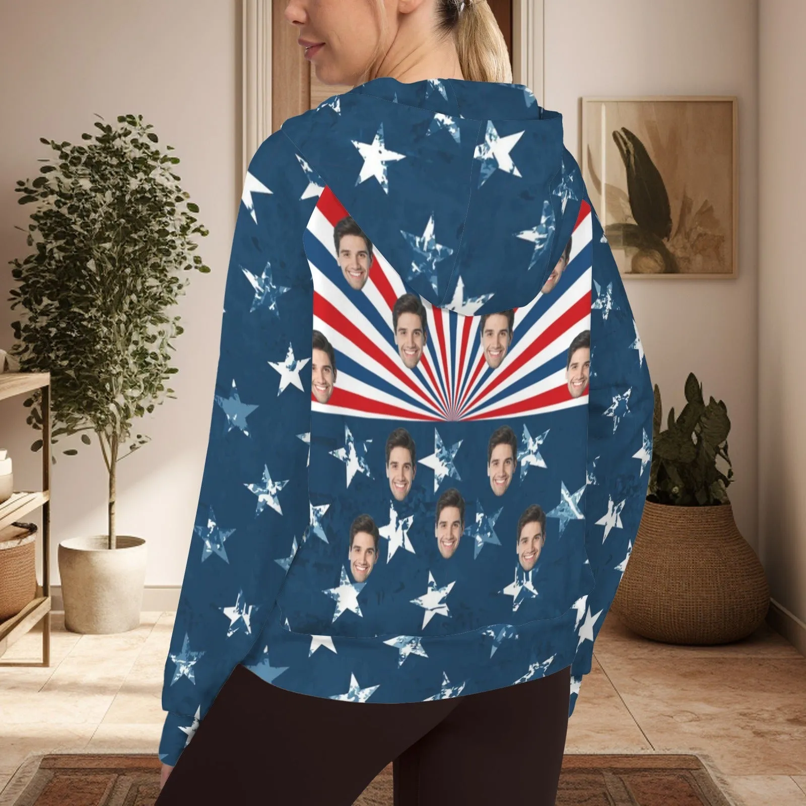 Women's Half Zip Cropped Hoodies Custom Face American Flag Fleece Athletic Pullover Hoodies with Pockets Thumb Hole