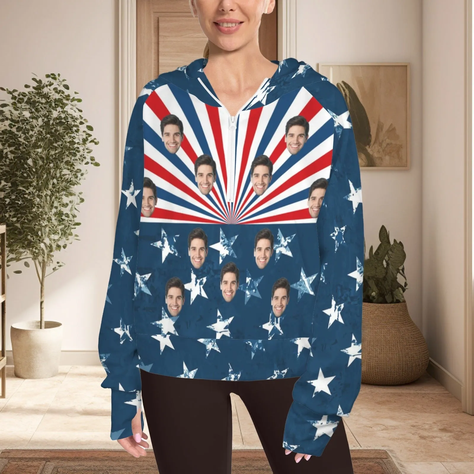 Women's Half Zip Cropped Hoodies Custom Face American Flag Fleece Athletic Pullover Hoodies with Pockets Thumb Hole