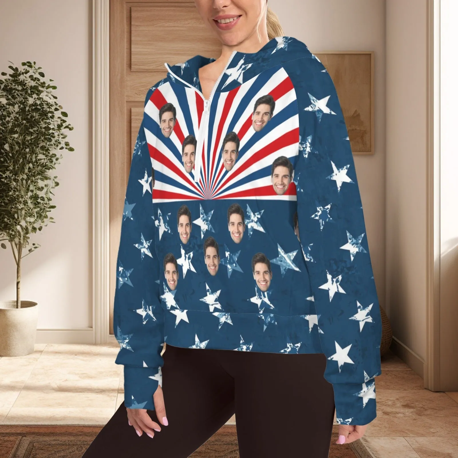 Women's Half Zip Cropped Hoodies Custom Face American Flag Fleece Athletic Pullover Hoodies with Pockets Thumb Hole
