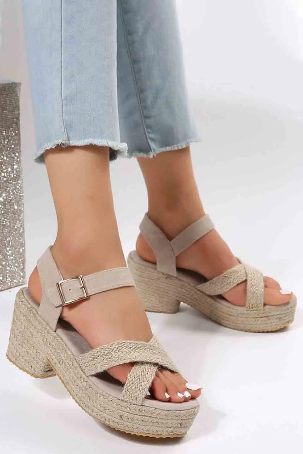Women's Platform Sandals Open Toe Criss Cross Linen Woven Buckle Wedge Shoes