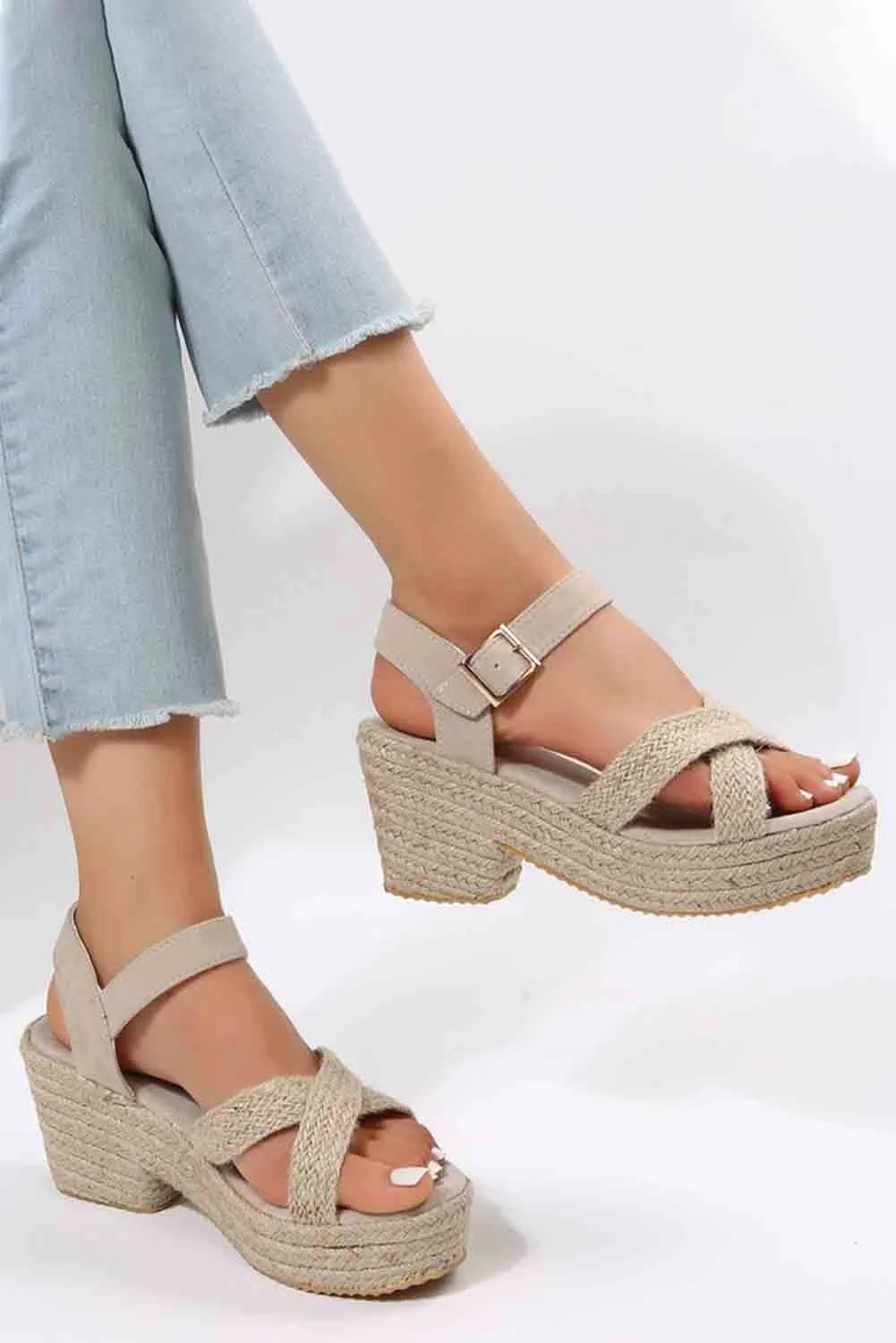 Women's Platform Sandals Open Toe Criss Cross Linen Woven Buckle Wedge Shoes