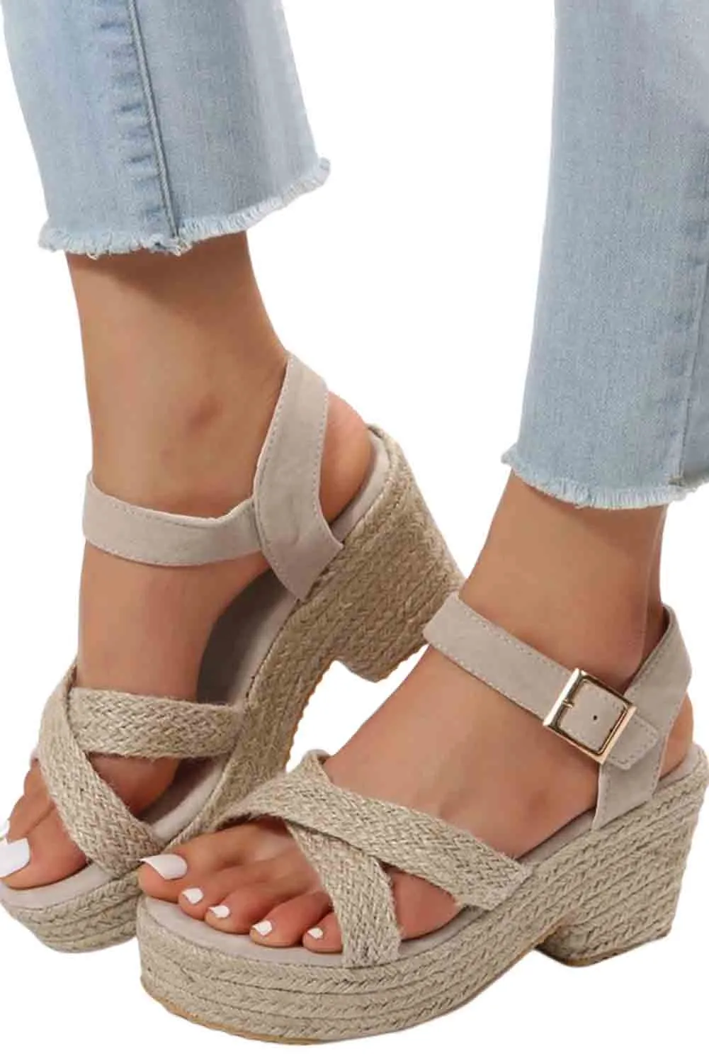 Women's Platform Sandals Open Toe Criss Cross Linen Woven Buckle Wedge Shoes