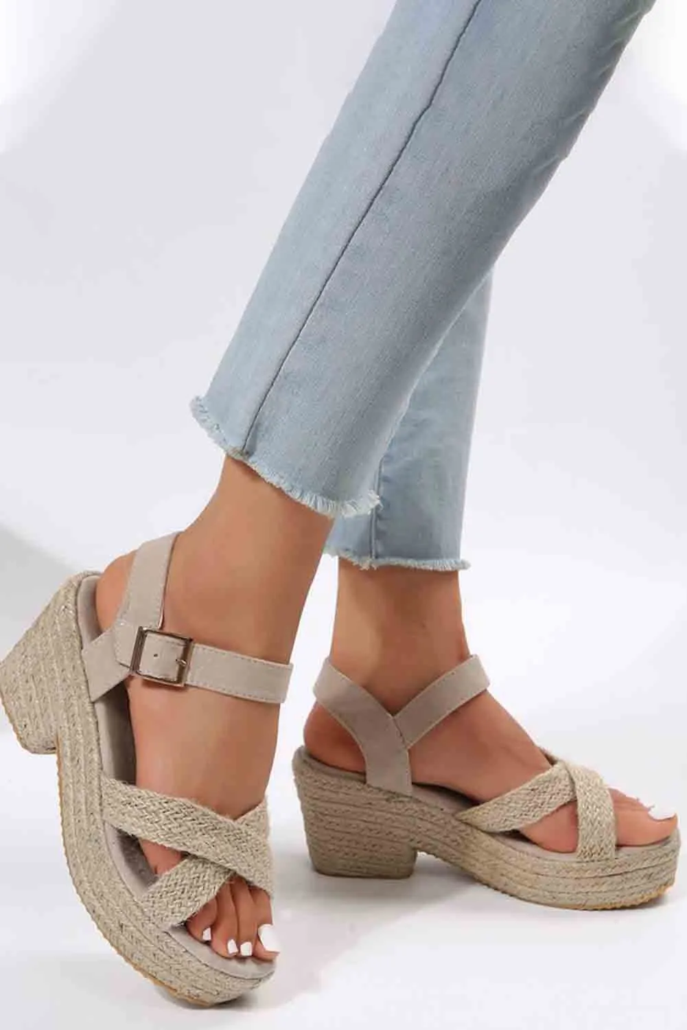 Women's Platform Sandals Open Toe Criss Cross Linen Woven Buckle Wedge Shoes