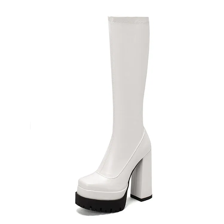 Women's Pu Leather Side Zippers Platform Block Heel Knee High Boots