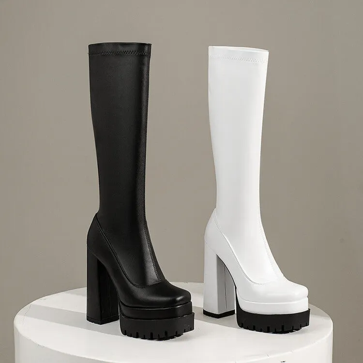 Women's Pu Leather Side Zippers Platform Block Heel Knee High Boots