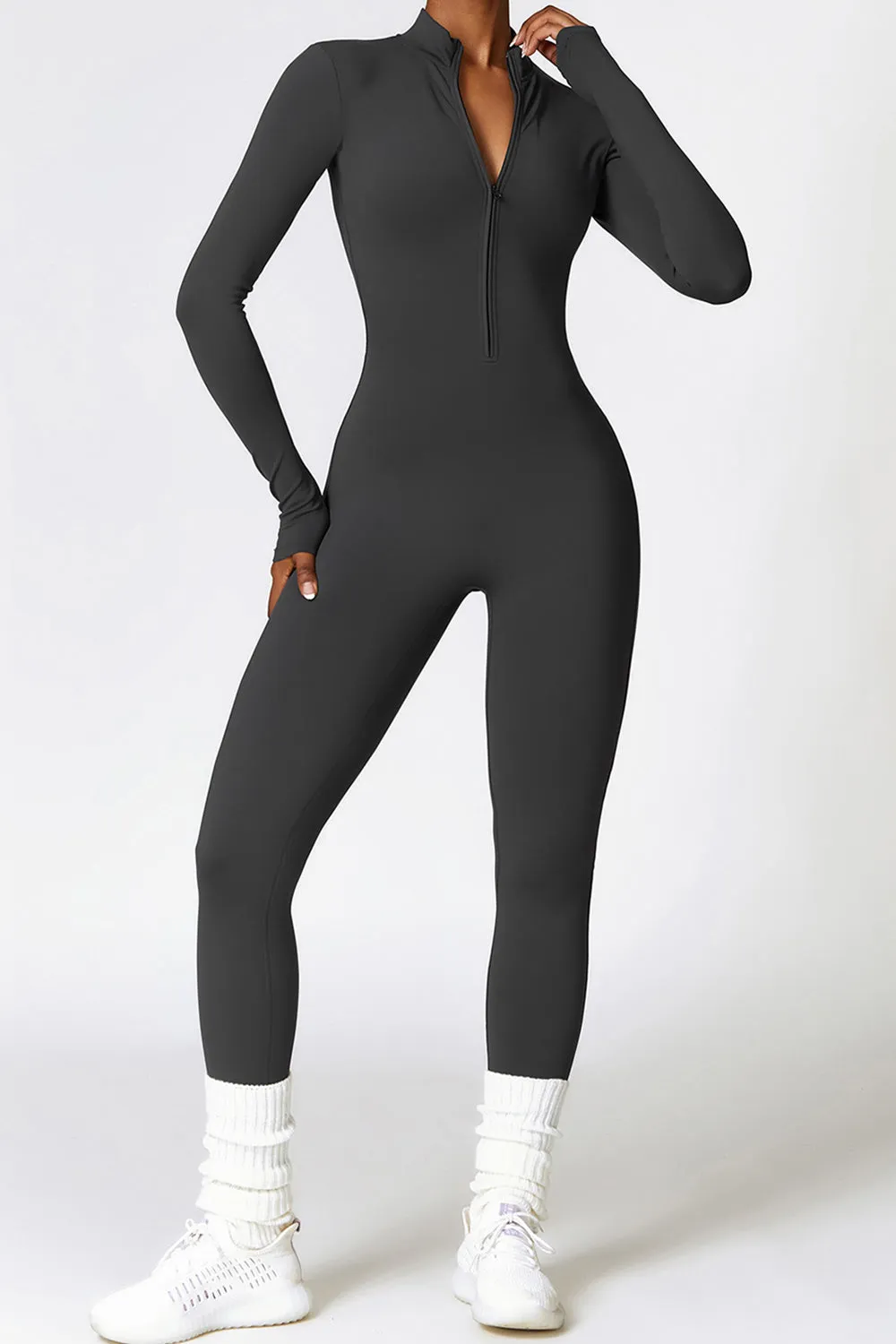 Zip Up Long Sleeve Slim Active Jumpsuit